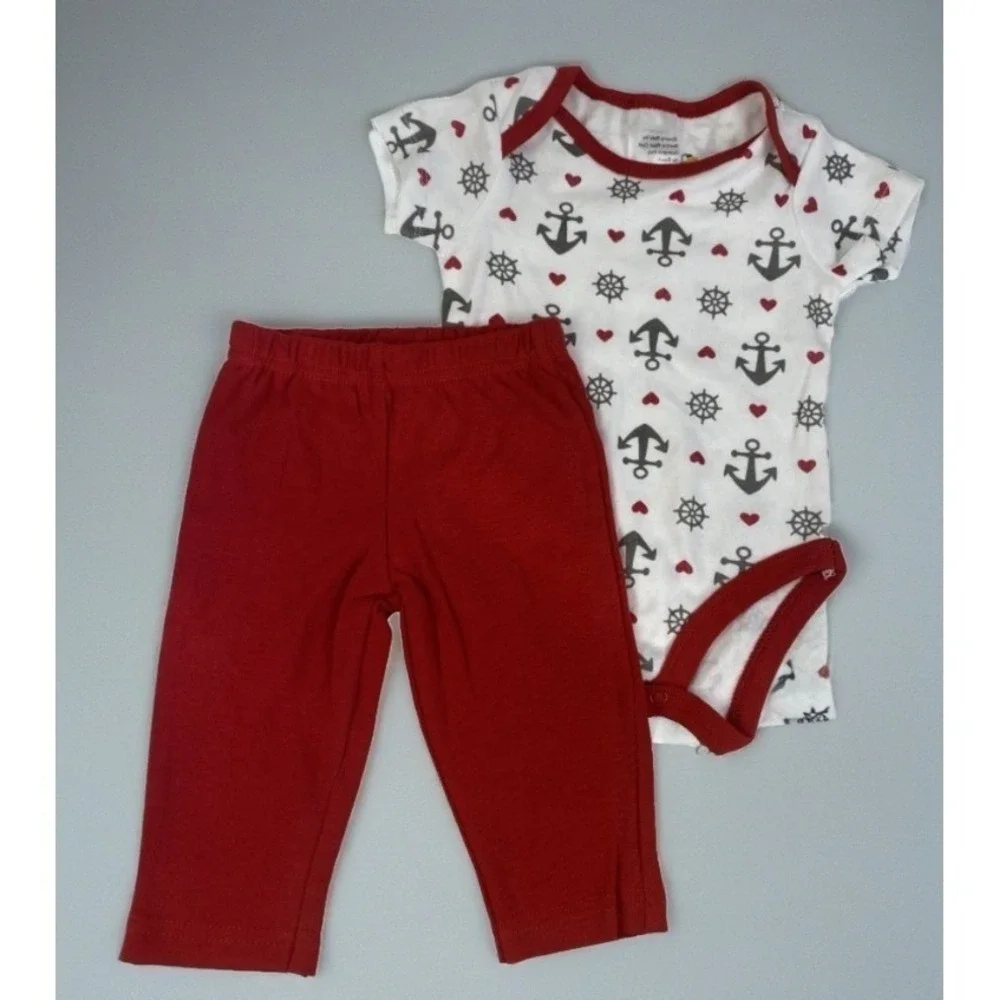 Sleeping Baby Bodysuit Pants Set Kids 3M Red White Nautical Anchor Ship Wheel